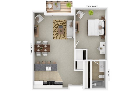 Floor plan for 1 bed, 1 bath, 750 sqft